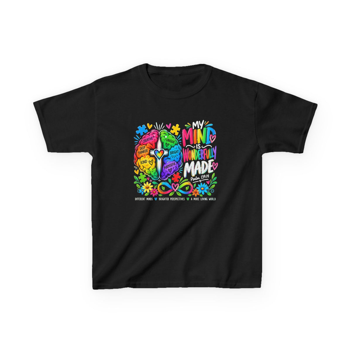 My Mind Is My Superpower autism awareness youth t-shirt with colorful brain