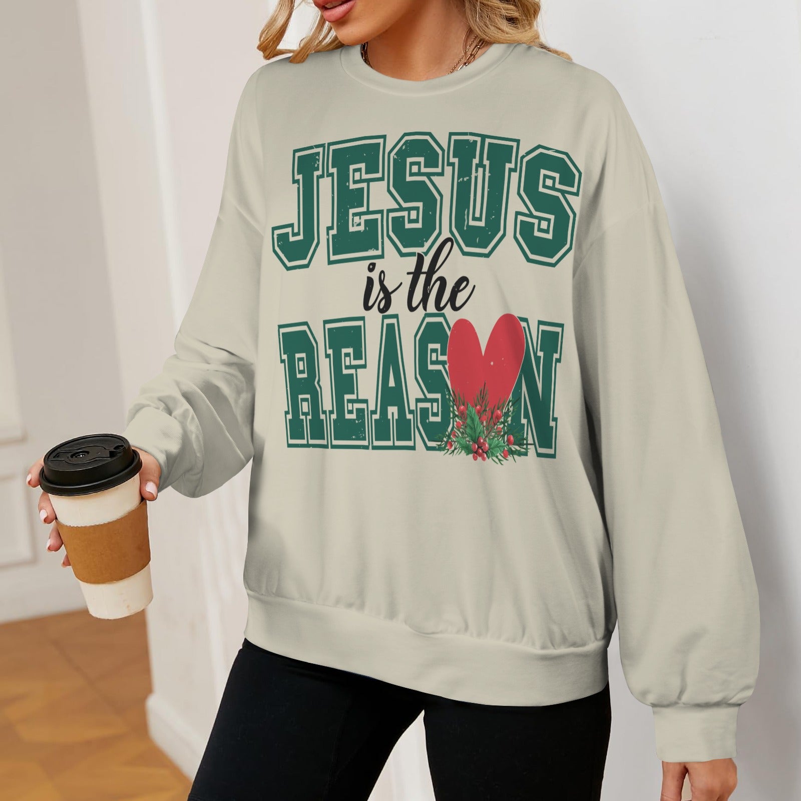 Jesus Is The Reason Christmas Themed Women's Christian Oversized Crew Neck Pullover Sweatshirt