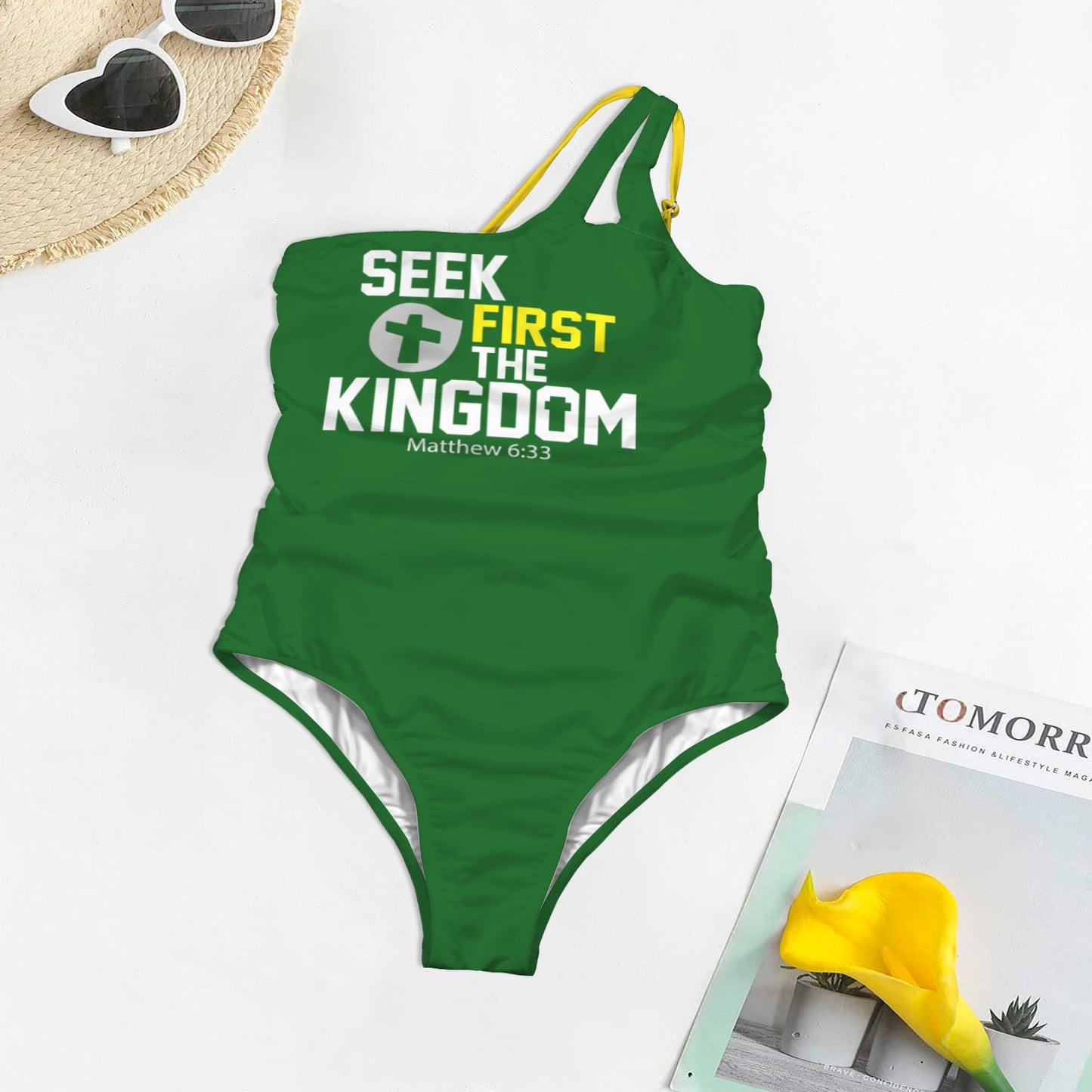 Seek First The Kingdom Christian Women's One Shoulder Keyhole One Piece Swimsuit