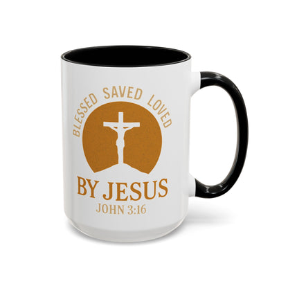 Inspirational Accent Coffee Mug - Blessed, Saved, Loved by Him | John 3:16
