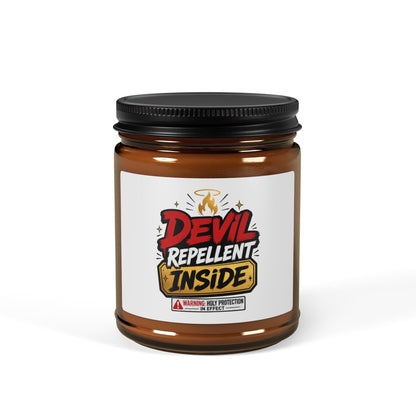 Soy Candle — “Devil Repellent Inside” Amber Jar (Scented, Multi - Size) - ClaimedbyGodDesigns