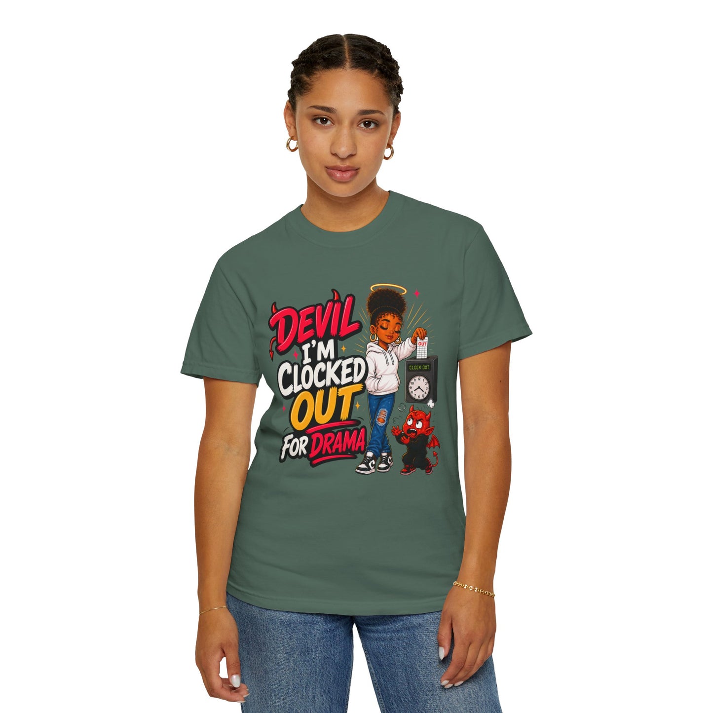 T-Shirt — "Devil I'm Clocked Out for Drama" Graphic Tee - ClaimedbyGodDesigns