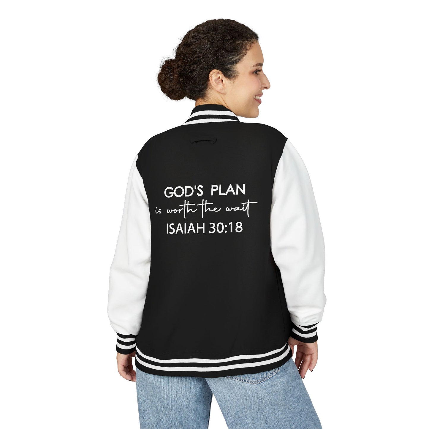 Unisex Heavyweight Christian Letterman Jacket - "His Plan is Worth the Wait"
