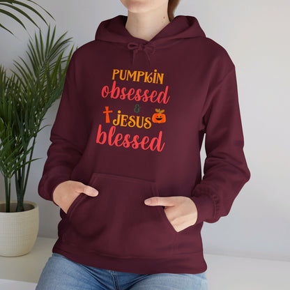 Pumpkin Obsessed And Blessed by Him Halloween Unisex Christian Pullover Hooded Sweatshirt