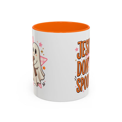 Accent Coffee Mug — "Jesus Don't Spook!" Cute Ghost Christian Coffee Mug (11/15oz)