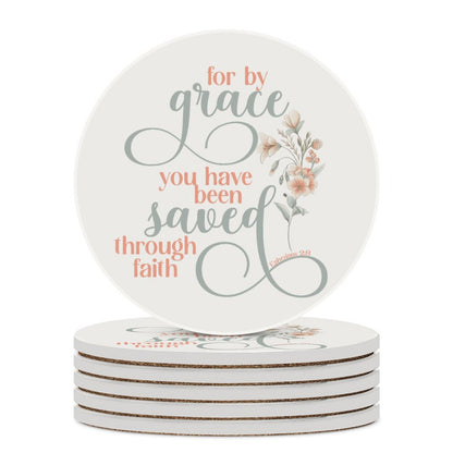 Saved Through Faith Christian Round Ceramic Coaster - ClaimedbyGodDesigns