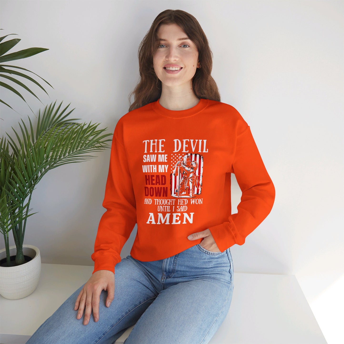 The Devil Saw Me With My Head Down And Thought He'd Won Until I Said Amen American Patriotic Flag Unisex Heavy Blend™ Crewneck Christian Sweatshirt