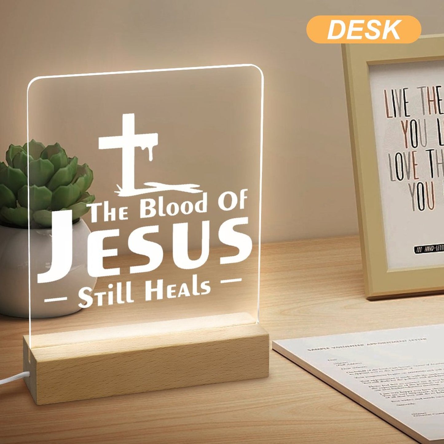 The Blood Of Jesus Still Heals Christian Acrylic Night Light with Wooden Base Christian Gift Idea