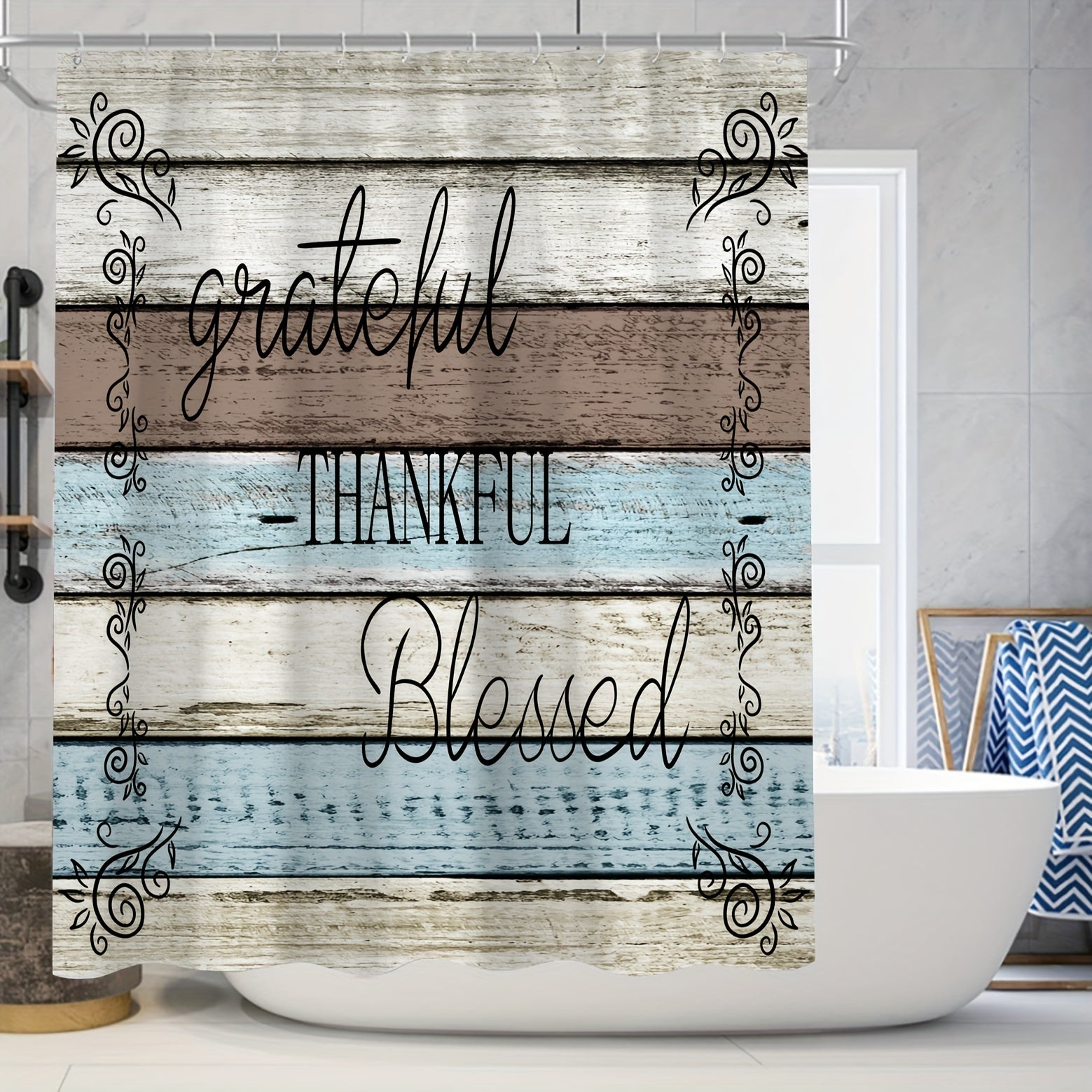 Grateful Thankful Blessed 4Pc Christian Shower Curtain Set with  Non Slip Shower Mat, Toilet Carpet, 12 Hooks, 71x71 Inches claimedbygoddesigns