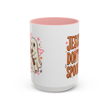 Accent Coffee Mug — "Jesus Don't Spook!" Cute Ghost Christian Coffee Mug (11/15oz)