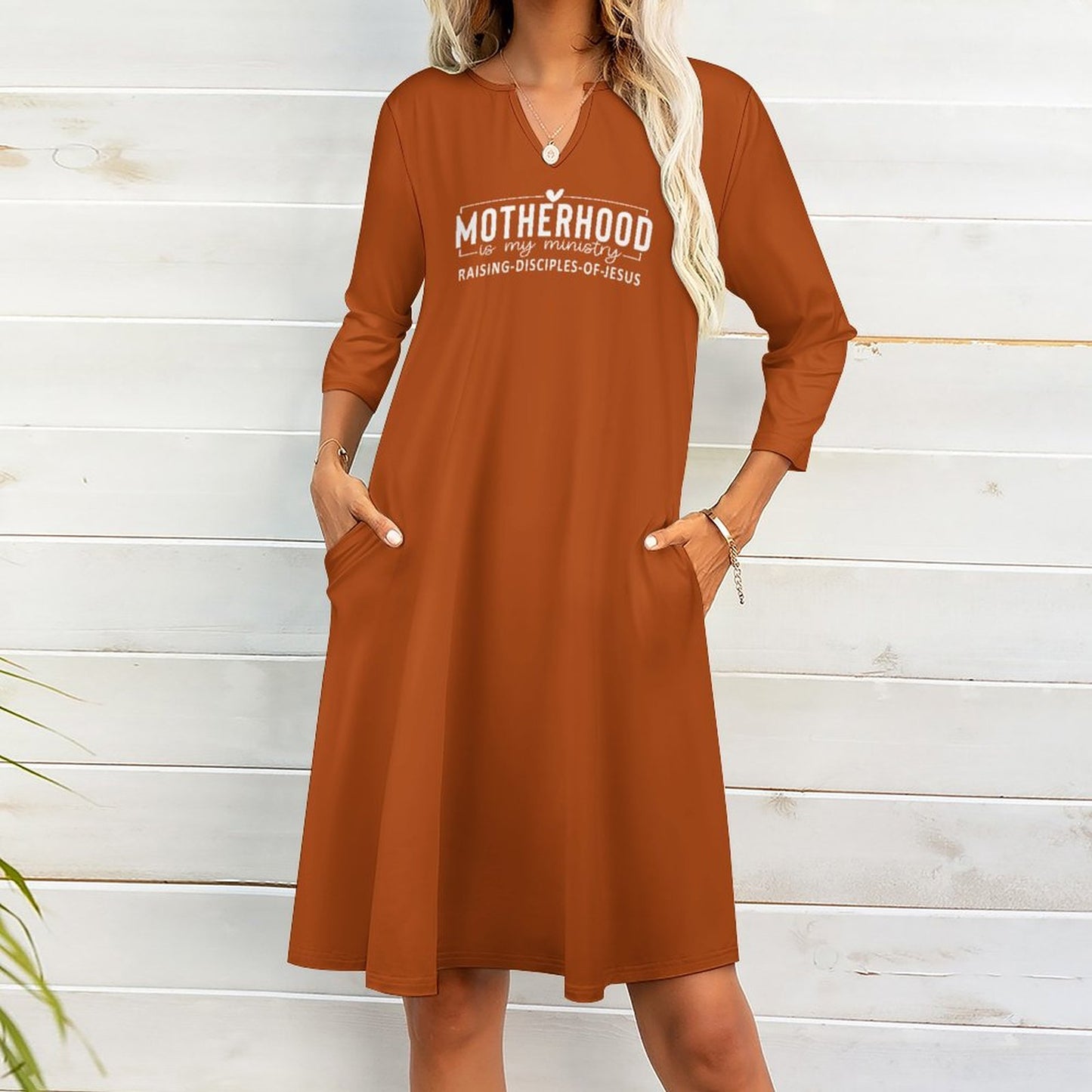 Motherhood Is My Ministry Christian V-neck 3/4 Sleeve Dress with Pockets