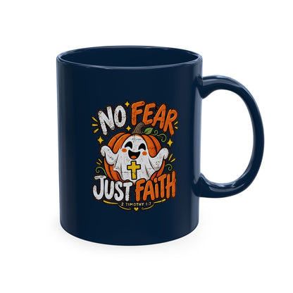 Halloween Ghost Christian Ceramic Mug — "No Fear, Just Faith" Pumpkin Coffee Cup