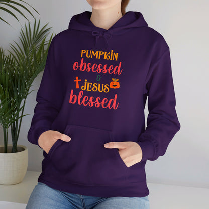 Pumpkin Obsessed And Blessed by Him Halloween Unisex Christian Pullover Hooded Sweatshirt
