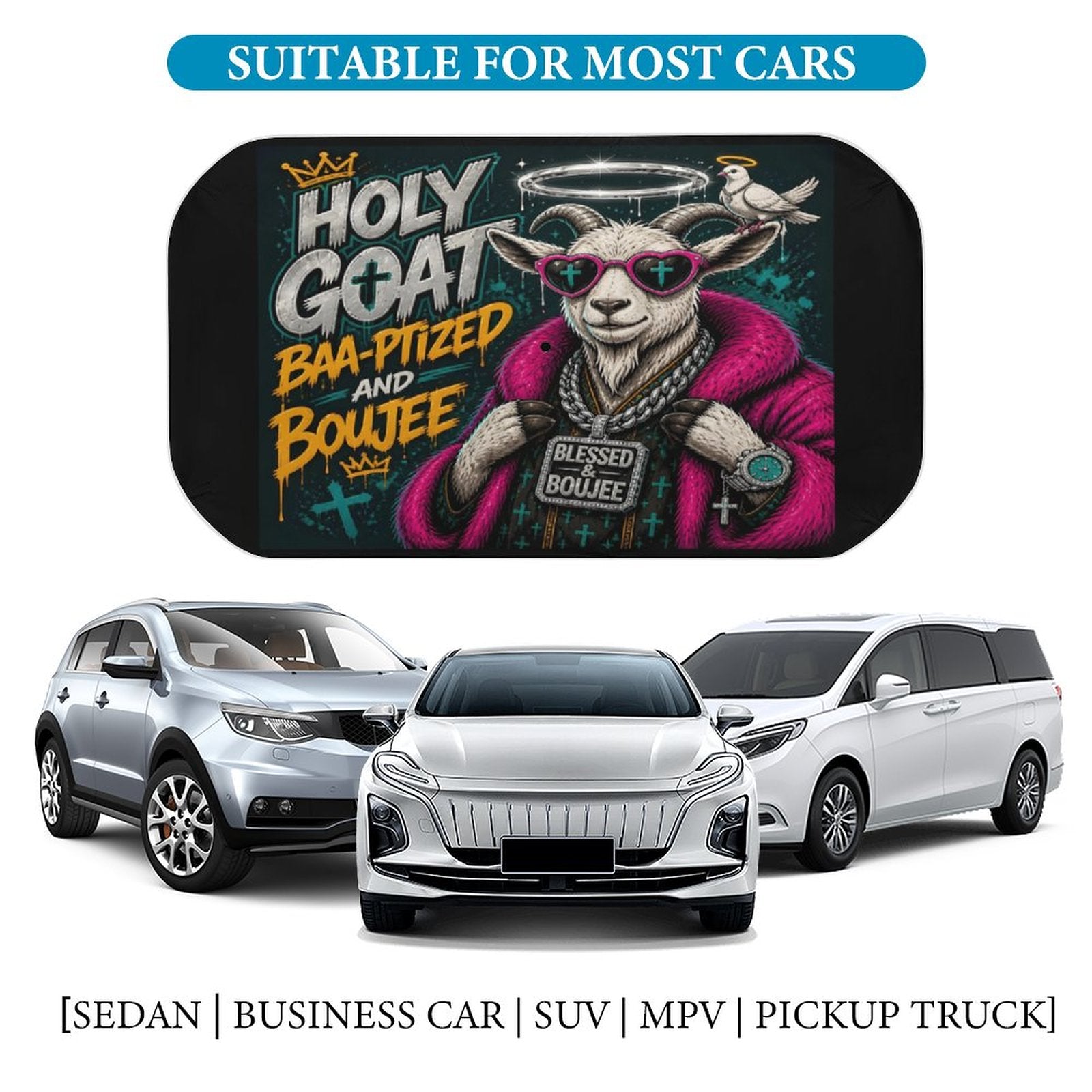 Holy Goat — Baa‑ptized & Boujee Christian Car Sunshade Umbrella - ClaimedbyGodDesigns