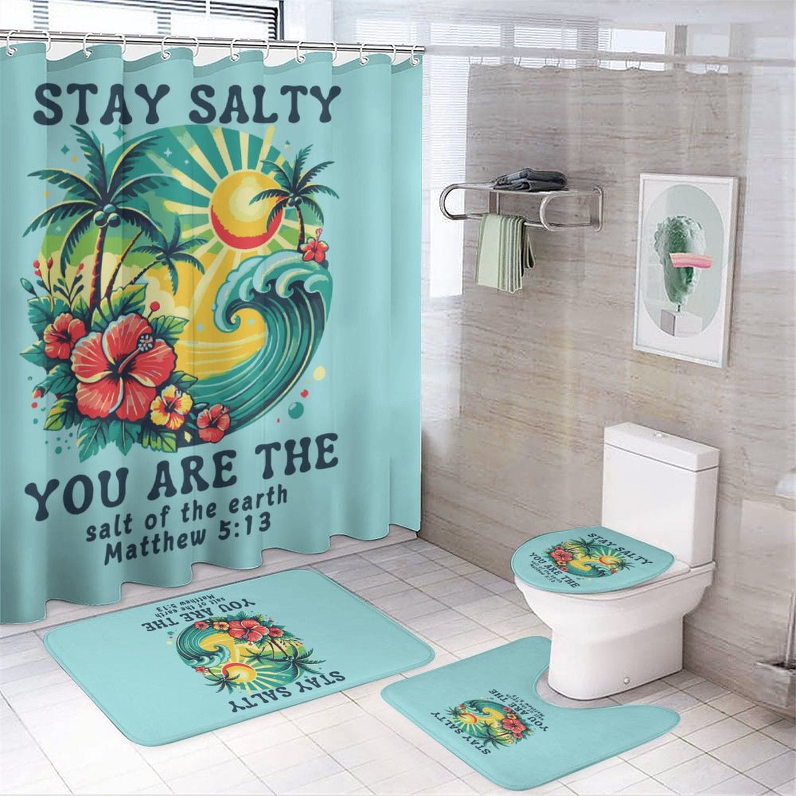 Stay Salty Christian Shower Curtain Set with a bath rug, a contour rug and a toilet lid - ClaimedbyGodDesigns