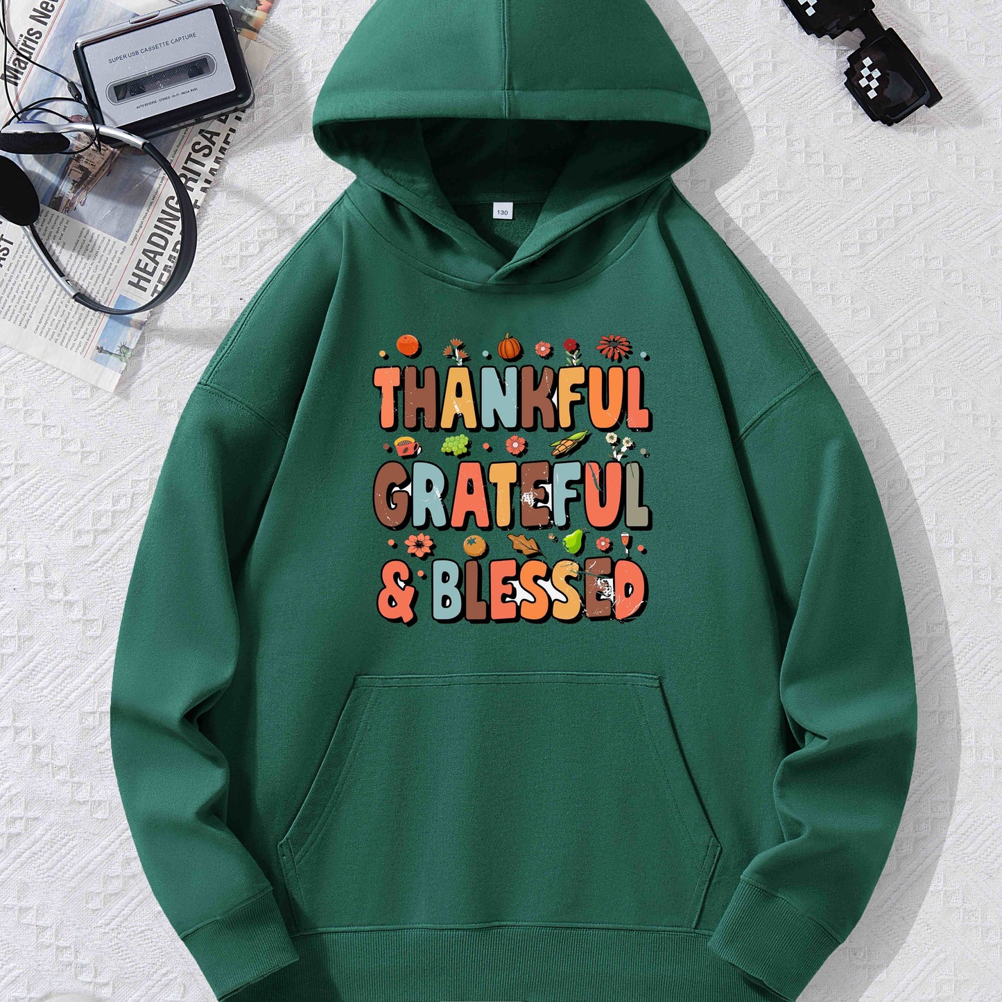 THANKFUL GRATEFUL BLESSED (thanksgiving themed) Youth Christian Pullover Hooded Sweatshirt claimedbygoddesigns