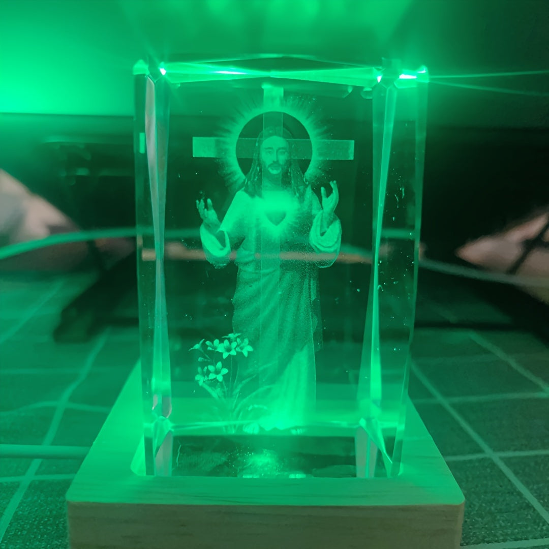 1pc Jesus & The Cross 3D Crystal Ornament Light Christian Gift Idea, With USB Color Light Base claimedbygoddesigns