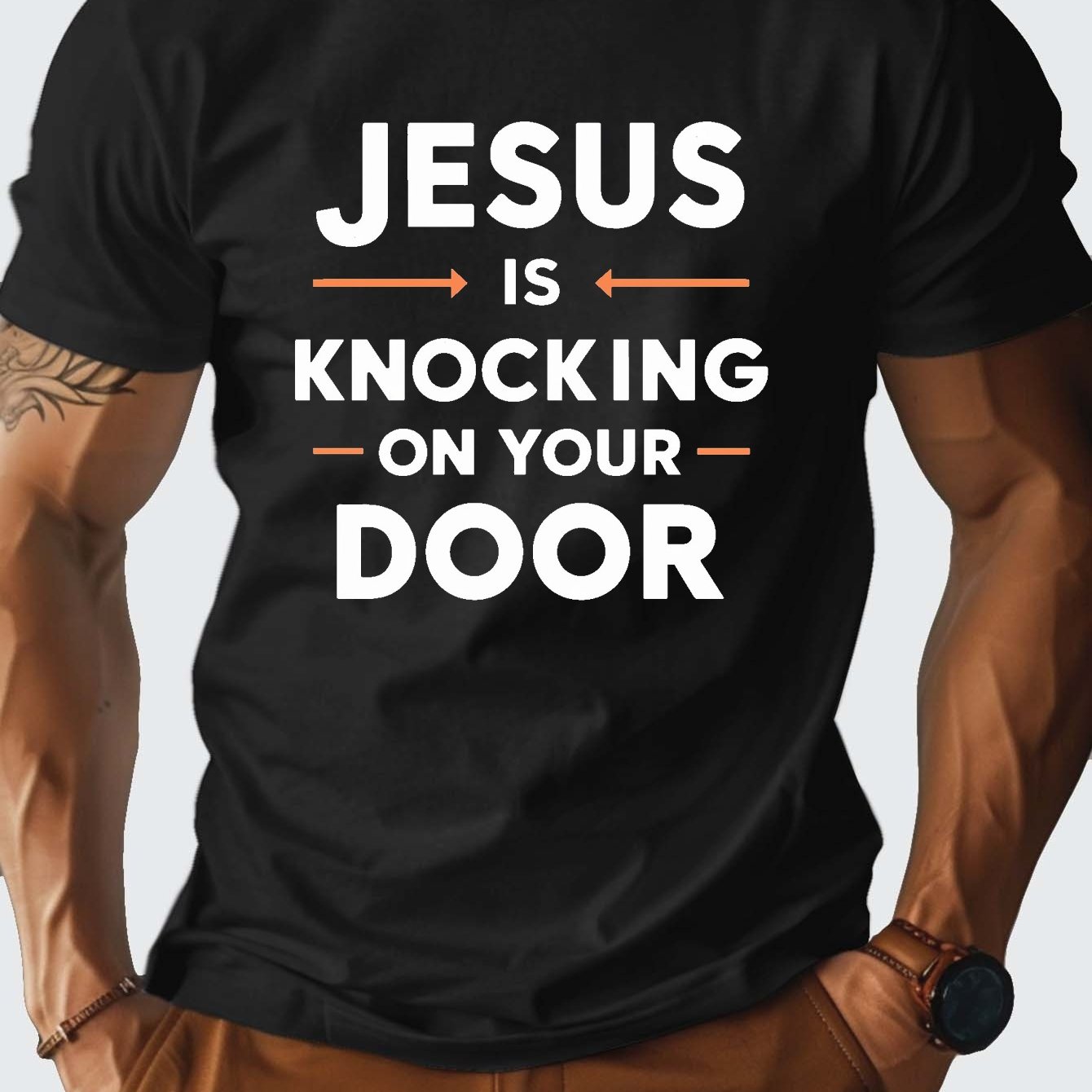 Jesus is knocking on your door Men's Christian T-shirt claimedbygoddesigns