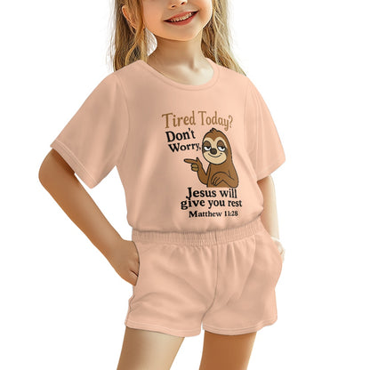 Tired Today He Will Give You Rest Youth Christian short-sleeved pajama set