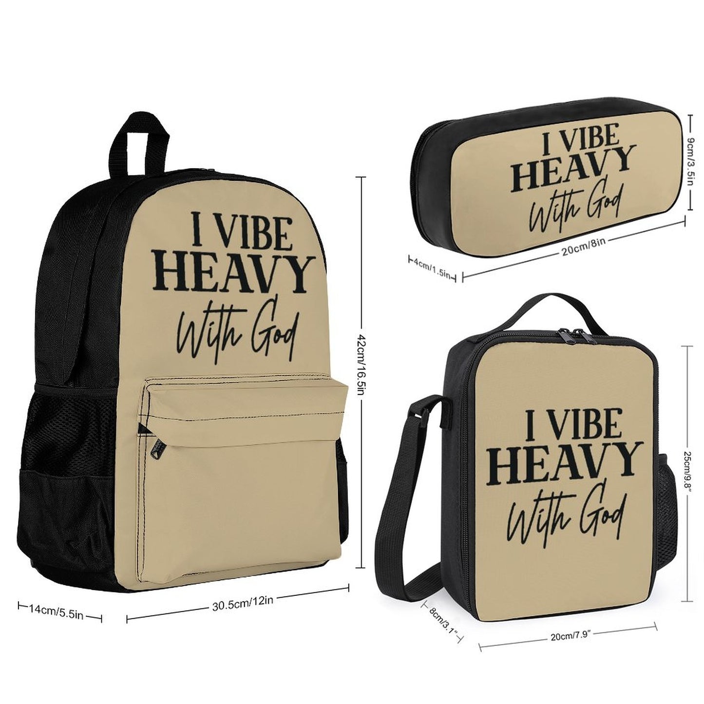 I Vibe Heavy With God Christian Backpack Set of 3 Bags (Shoulder Bag Lunch Bag & Pencil Pouch)