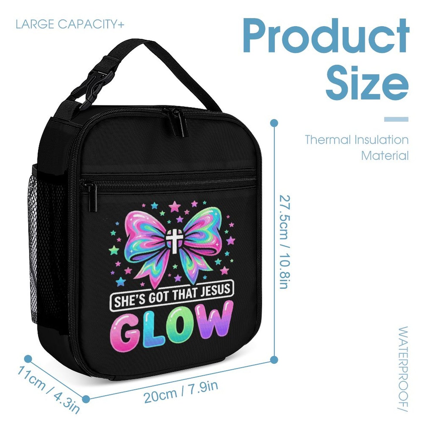 She's Got That Jesus Glow Christian 3 Pcs School Backpack Set for Kids (Backpack, Kid's Insulated Lunch Bag & Pencil Case Organizer)