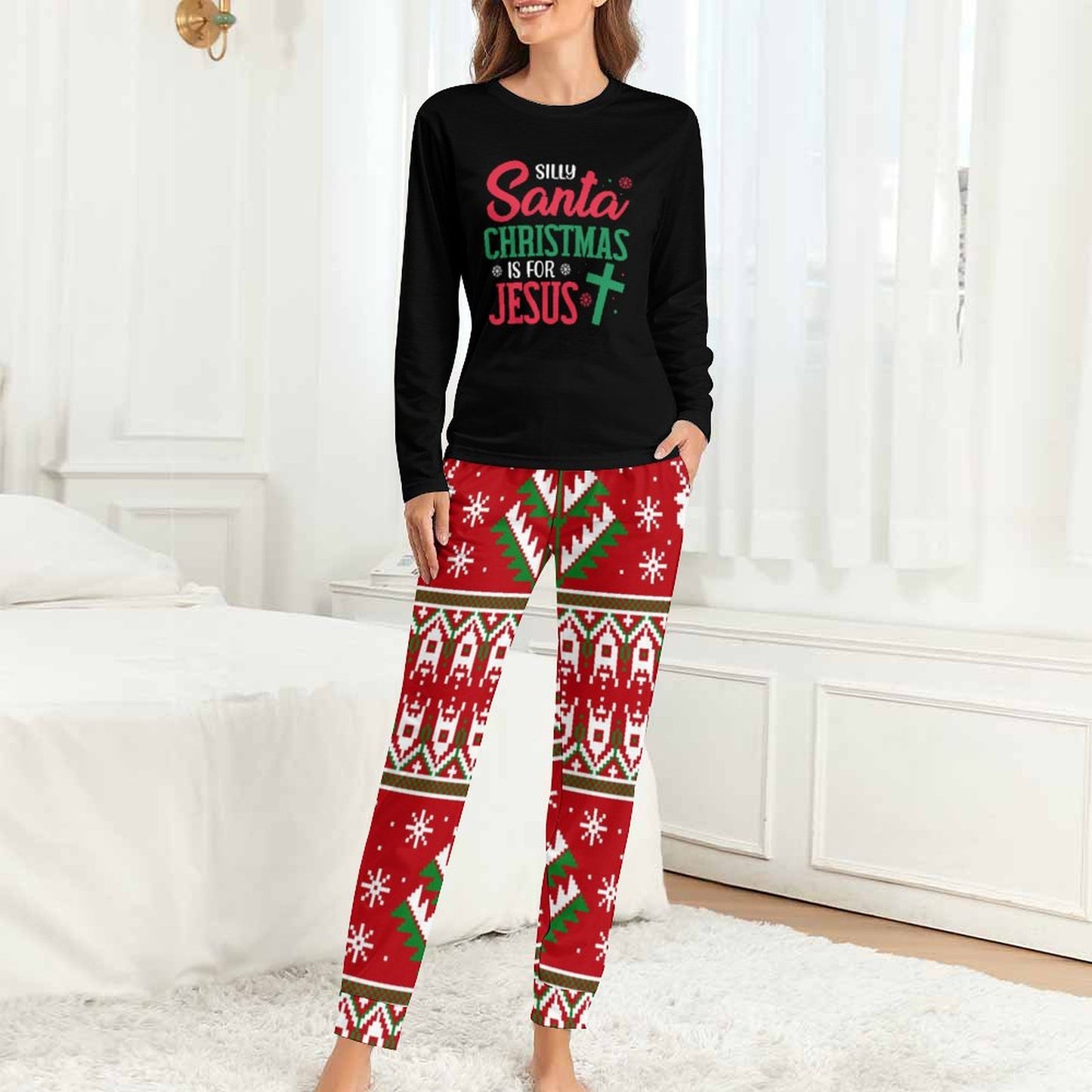 Silly Santa Christmas Is For Jesus (christmas themed) Christian Women's 2 Piece Pajama Set