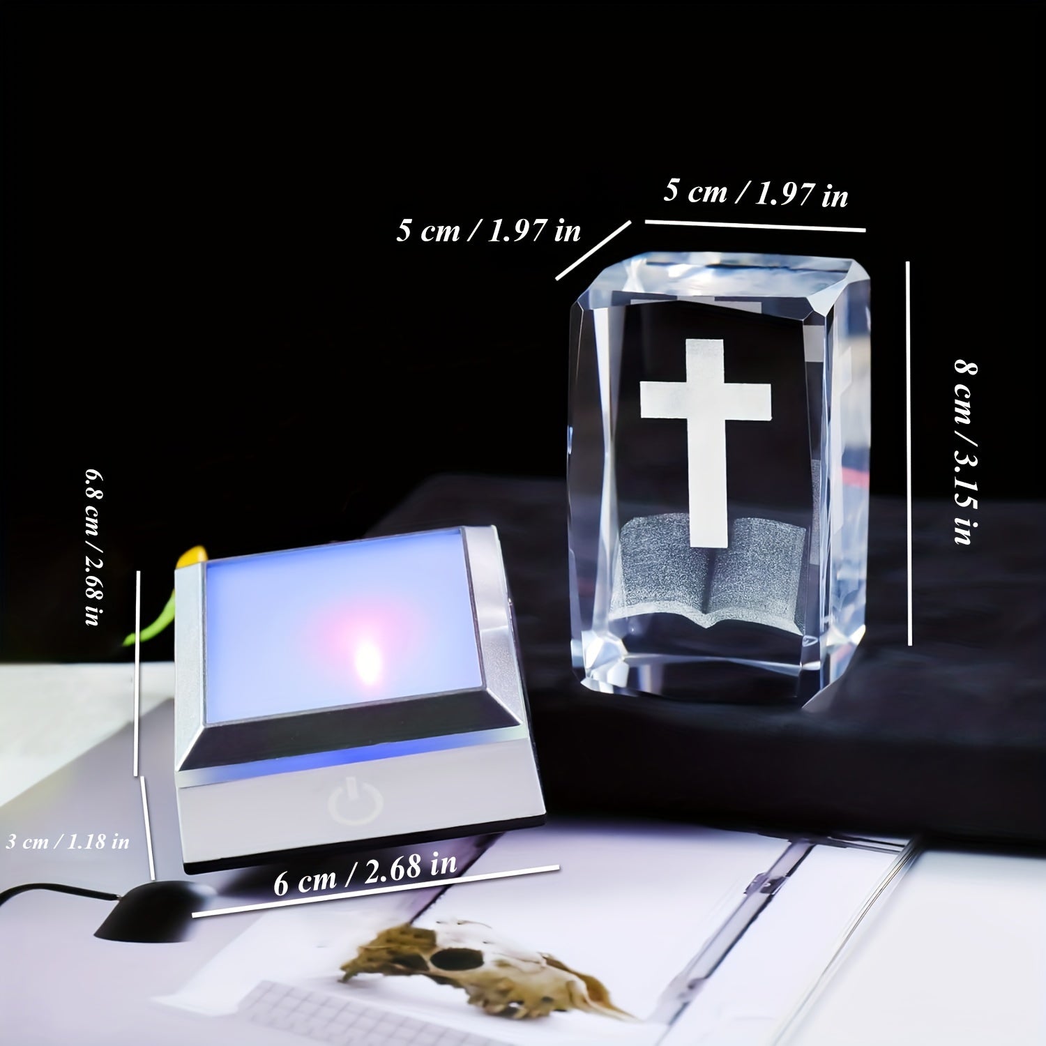 1pc Cross On Bible 3D Crystal With Multicolor LED Light Base, Christian Gift Idea 3.15*1.97*1.97in claimedbygoddesigns