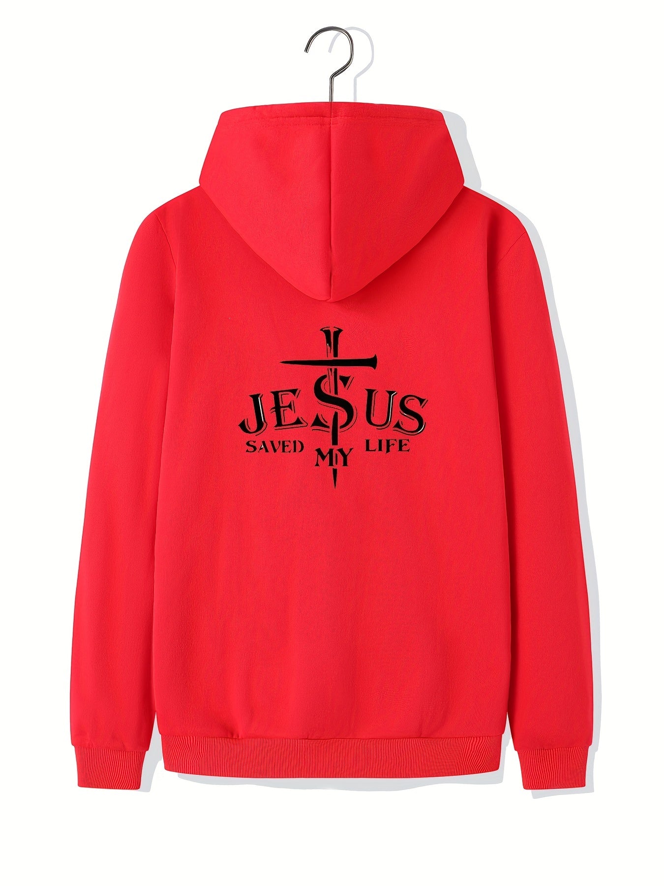 ''JESUS SAVED MY LIFE'' Cross Print Men's Zip-Up Fleece Hooded Jacket, Casual Loose Hoodie For Sports, Running claimedbygoddesigns