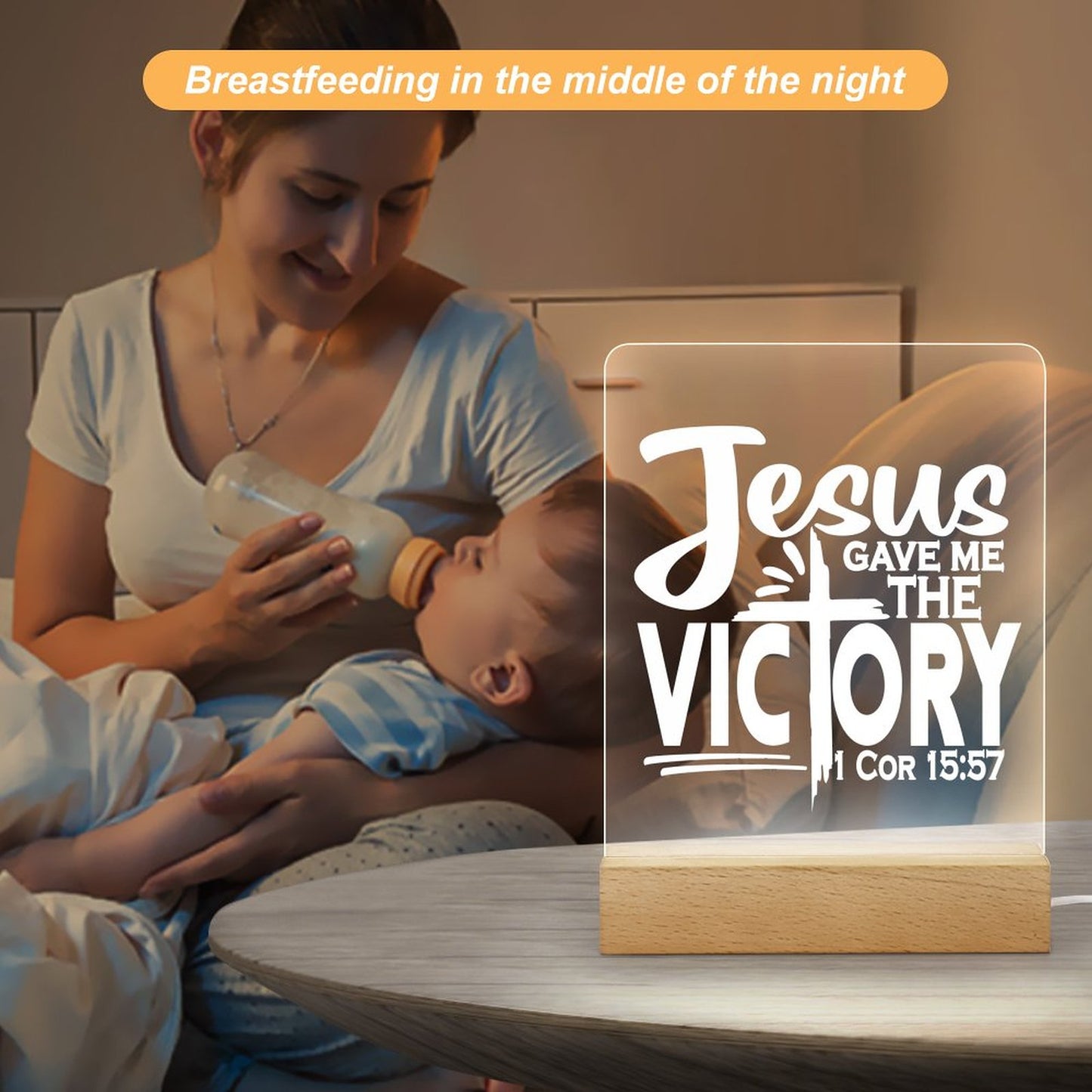 Jesus Gave Me The Victory Christian Acrylic Night Light with Wooden Base Christian Gift Idea