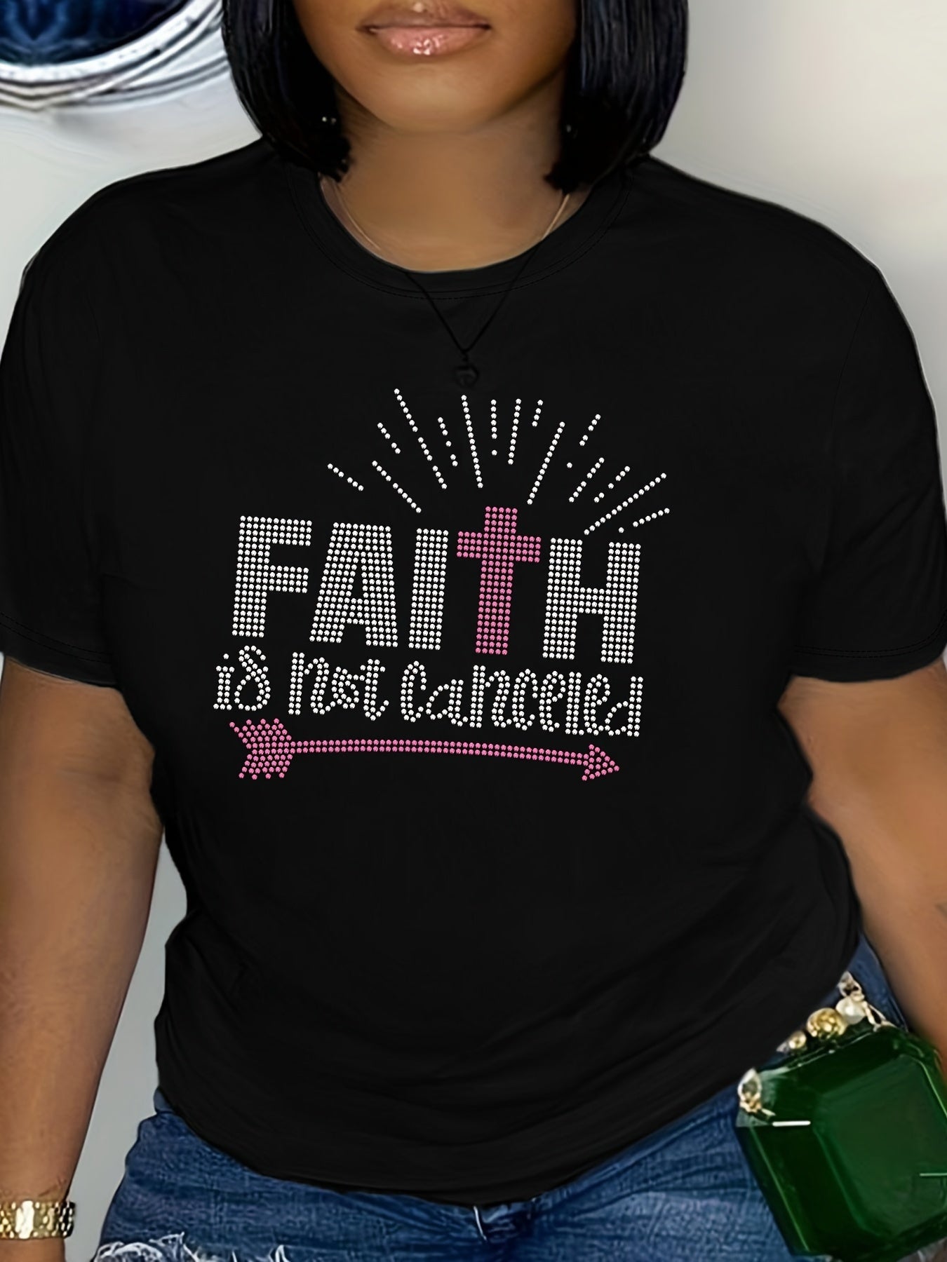 Faith Letter Print T-shirt, Short Sleeve Crew Neck Casual Top For Summer & Spring, Women's Clothing claimedbygoddesigns