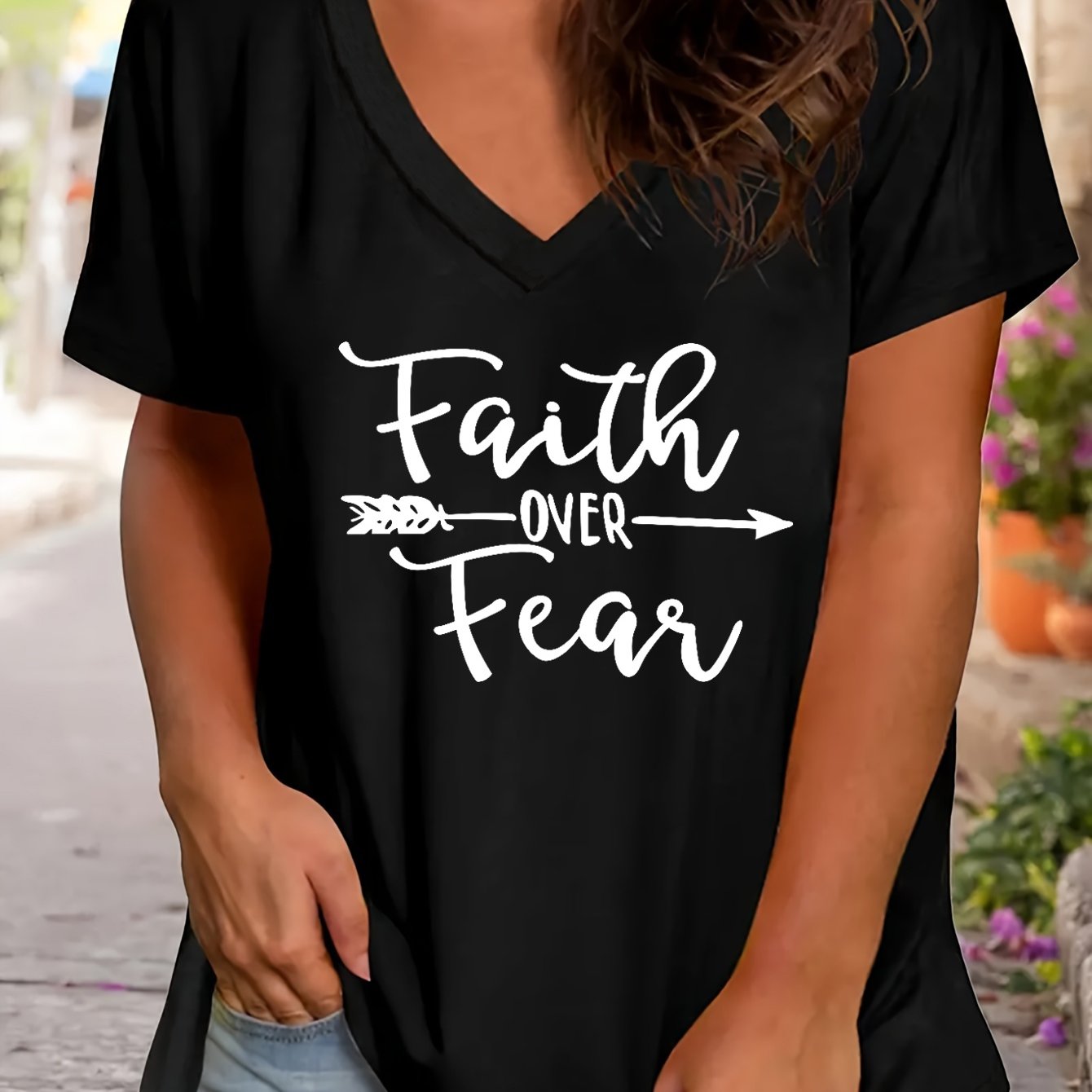 Faith Over Fear Plus Size Women's Christian V Neck T-Shirt claimedbygoddesigns