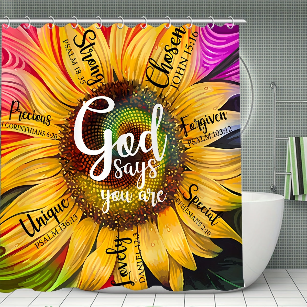 God Says You Are Christian Shower Curtain or set With 12 Hooks, Non-Slip Bathroom Rug, Toilet U-Shape Mat, Toilet Lid Cover Pad claimedbygoddesigns