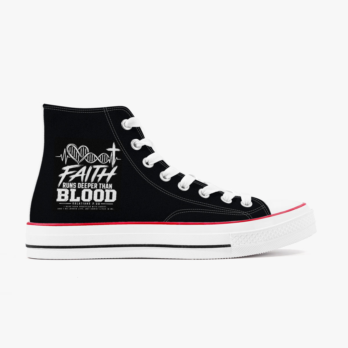 Faith Runs Deeper Than Blood unisex Christian high-top canvas sneakers, view 5