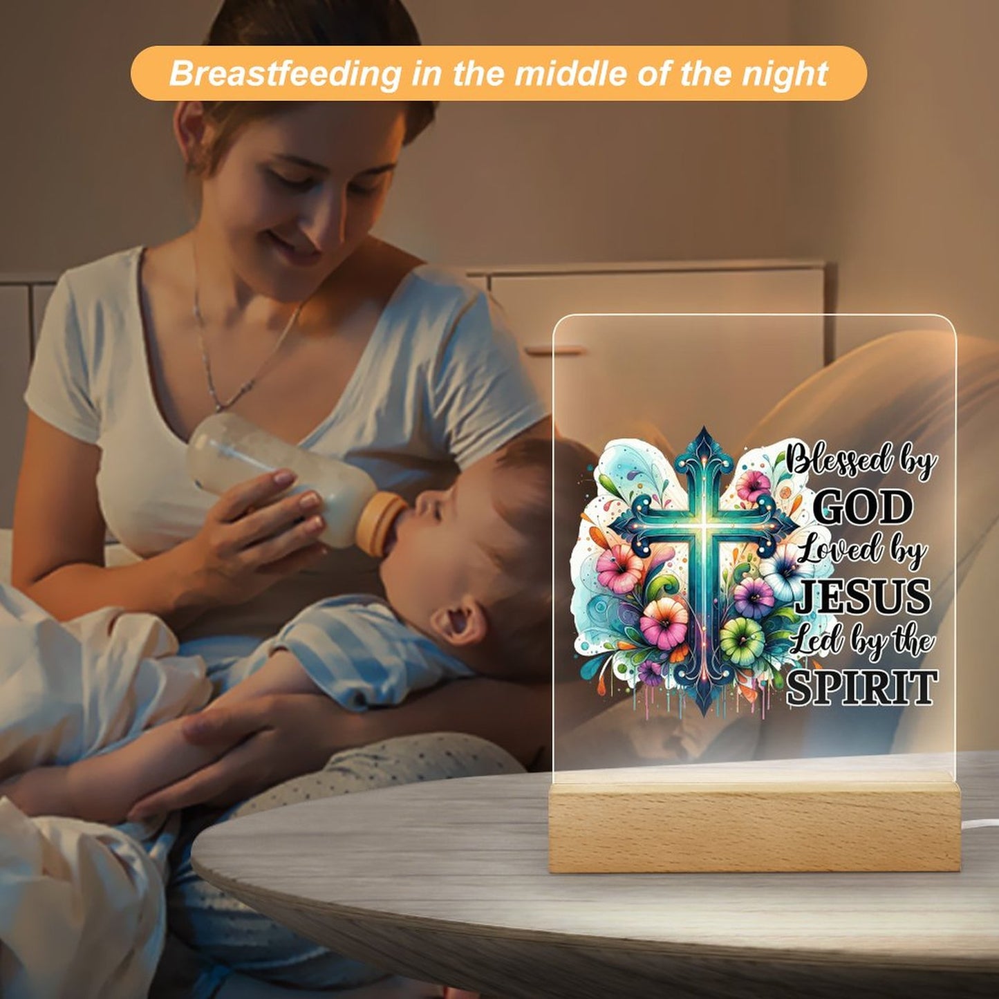 Blessed By God Loved By Jesus Led By The Spirit Christian Acrylic Night Light with Wooden Base Christian Gift Idea