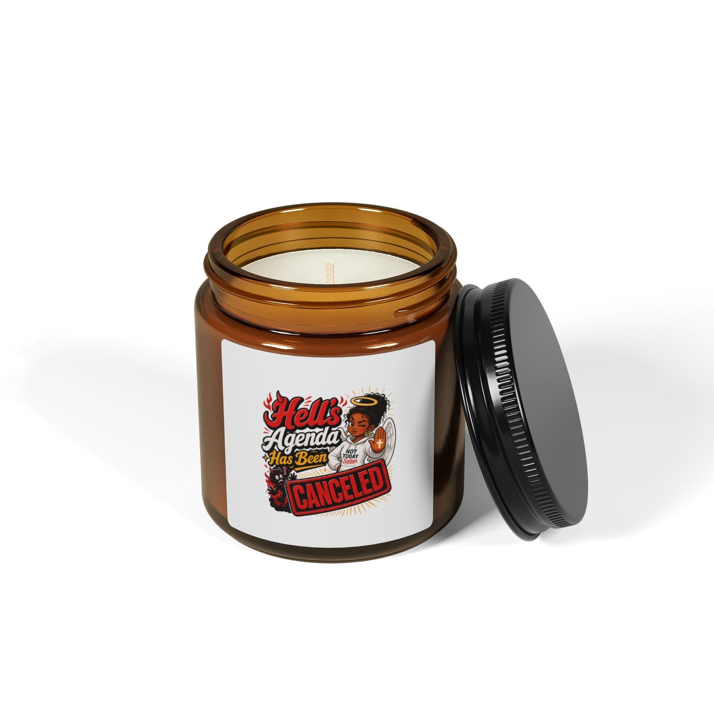 Soy Candle – “Hell’s Agenda Has Been Canceled” Amber Jar - ClaimedbyGodDesigns