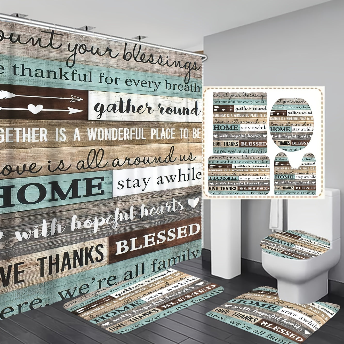 Count Your Blessings Christian Shower Curtain or Set with 12 Hooks, Bathroom Rug, Toilet U-Shape Mat, Toilet Lid Cover Pad claimedbygoddesigns
