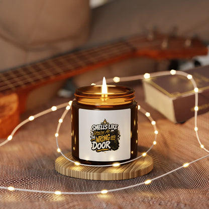 Scented Soy Candle — "Smells Like Someone Took the Wrong Door" Amber Jar
