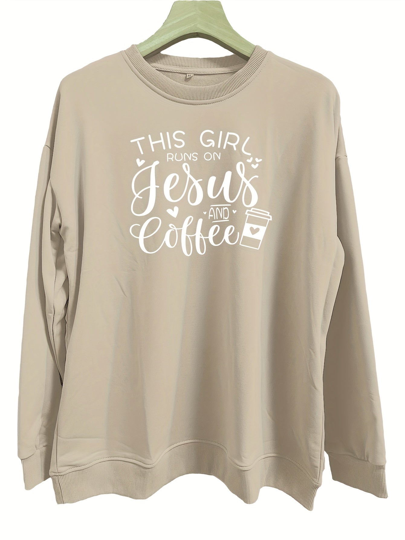 This Girl Runs On Jesus And Coffee Plus Size Women's Christian Pullover Sweatshirt claimedbygoddesigns