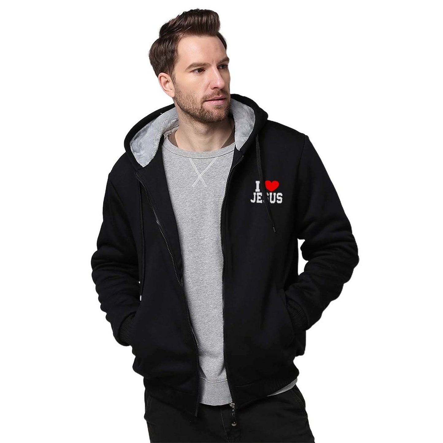 I Love Jesus Men’s Christian Plush Full Zip Hooded Sweatshirt