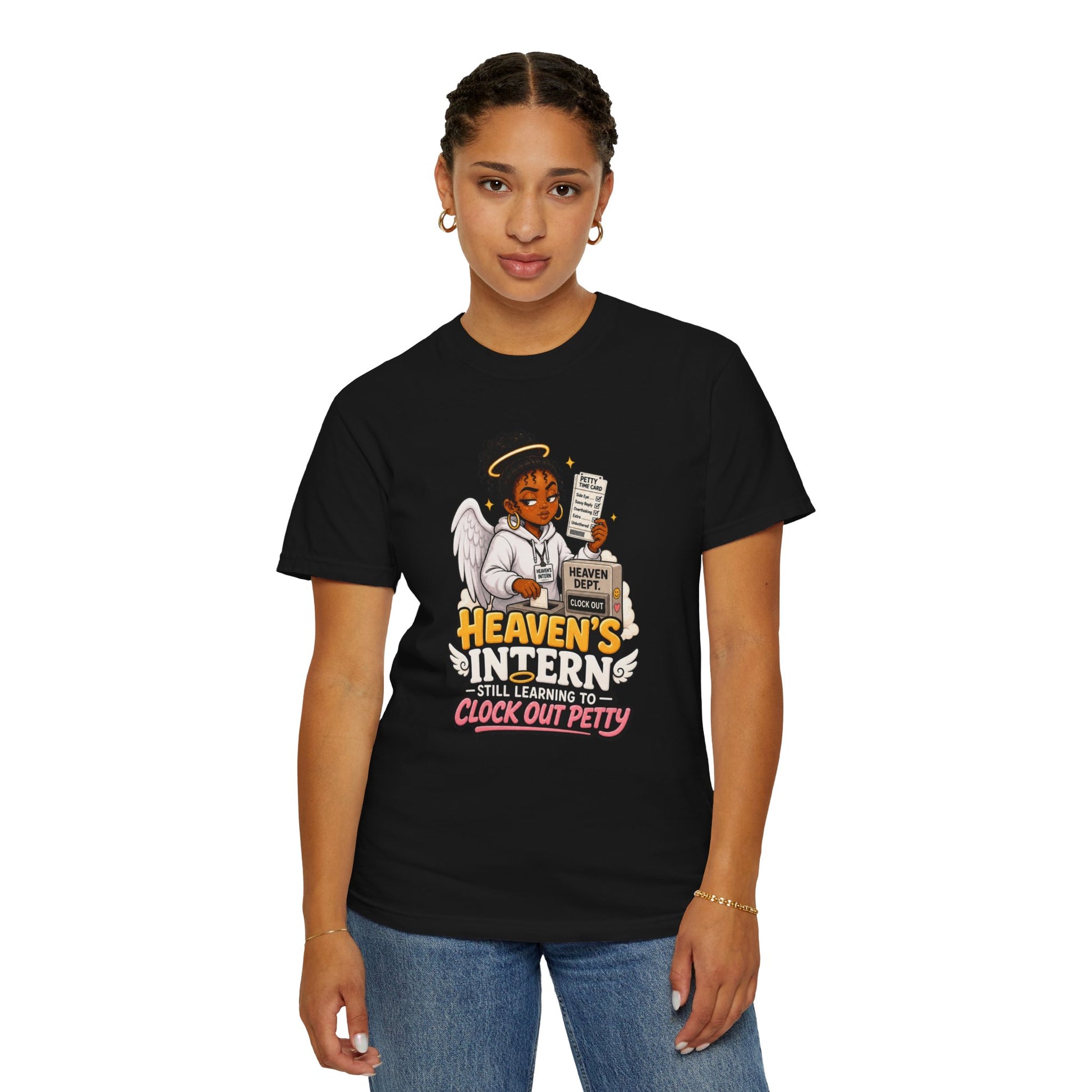 Heaven's Intern T-shirt – Funny Angel Nurse Tee ('Still Learning to Clock Out Petty') - ClaimedbyGodDesigns