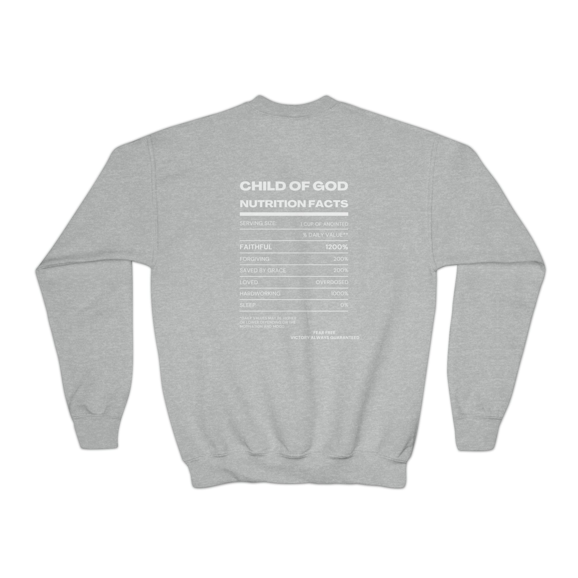 Child Of God Nutrition Facts Youth Christian Sweatshirt Printify