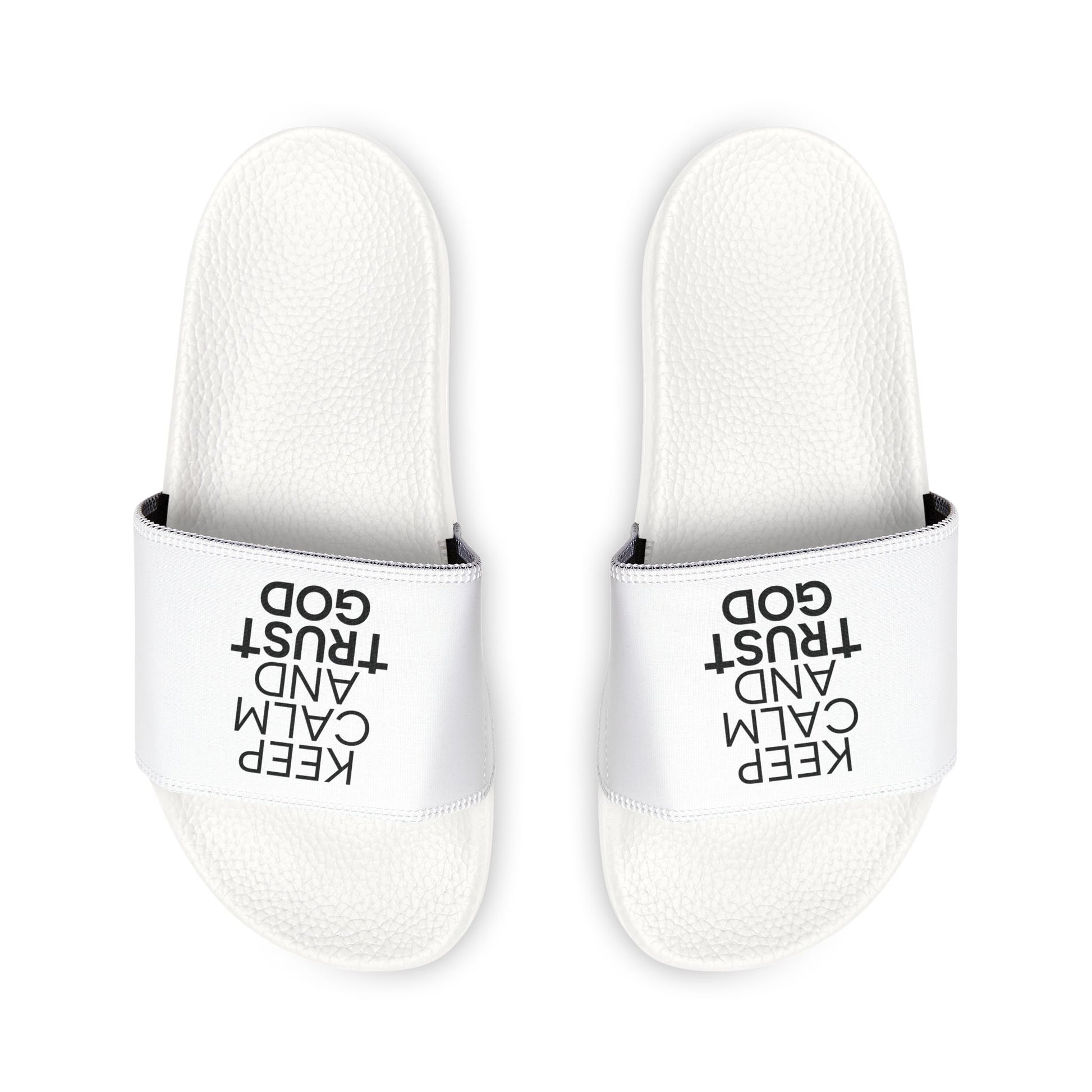 Comfortable Youth Sandals, Keep Calm and Trust Him Slides, Summer Footwear, Kids Casual Sandals, Faith - Inspired Summer Slides - ClaimedbyGodDesigns