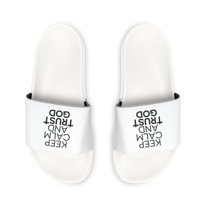 Comfortable Youth Sandals, Keep Calm and Trust Him Slides, Summer Footwear, Kids Casual Sandals, Faith - Inspired Summer Slides - ClaimedbyGodDesigns