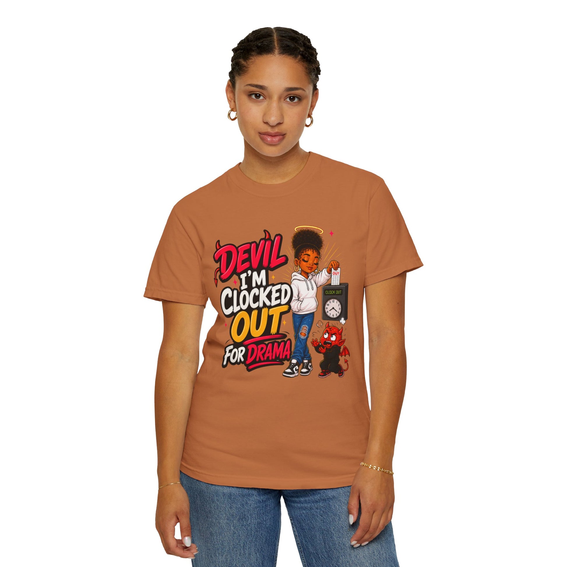 T-Shirt — "Devil I'm Clocked Out for Drama" Graphic Tee - ClaimedbyGodDesigns