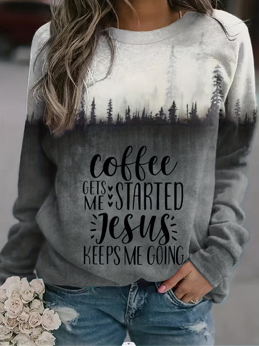Coffee Gets Me Started Jesus Keeps Me Going (contrast) Plus Size Women's Christian Pullover Sweatshirt claimedbygoddesigns