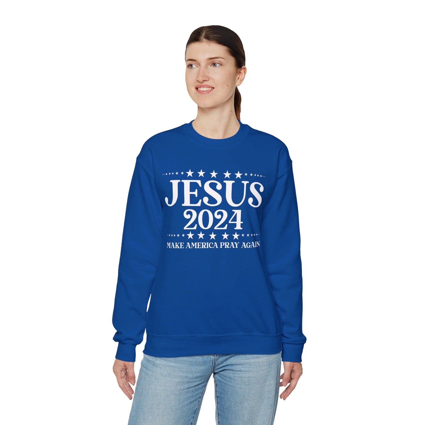 Jesus 2024 Make America Pray Again   Unisex Heavy Blend™ Crewneck Christian Sweatshirt