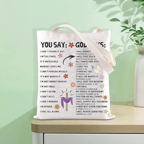 You Say God Says Christian Tote Bag claimedbygoddesigns