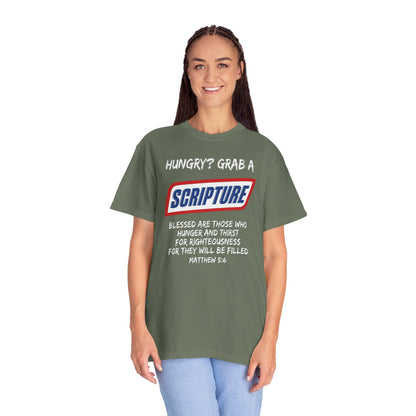 Scripture Snack T-Shirt — "Hungry? Grab a Scripture" Matthew 5:6 Christian Tee
