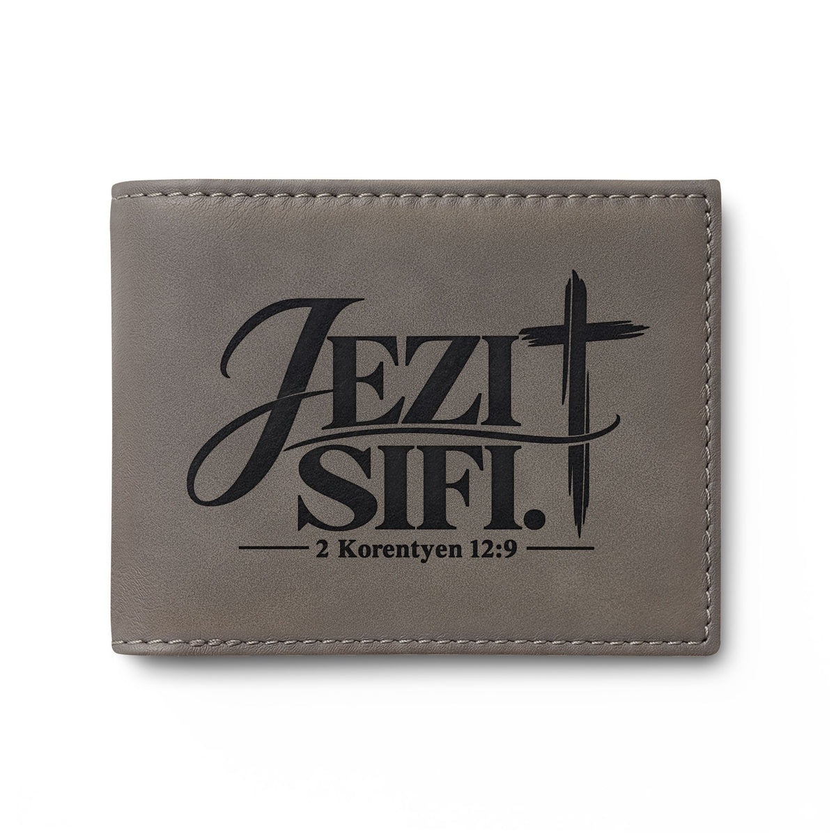Jezi Sifi. Haitian Kreyòl Christian bi-fold wallet with cross, 2 Korentyen 12:9