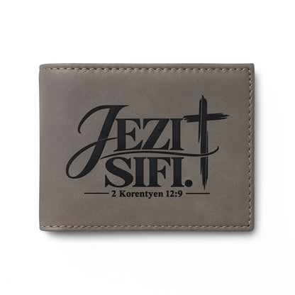 Jezi Sifi. Haitian Kreyòl Christian bi-fold wallet with cross, 2 Korentyen 12:9